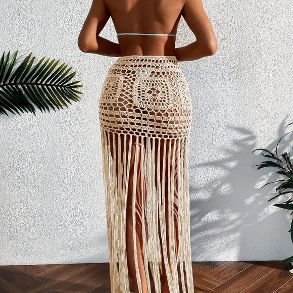 Apricot Boho Women's Beach Fringe Crochet Cover Up Skirt Music Festival - Picture 2 of 4